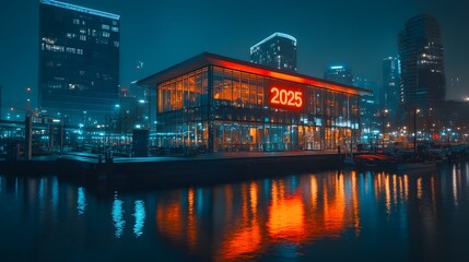 Fototapeta premium Modern glass building with glowing orange 