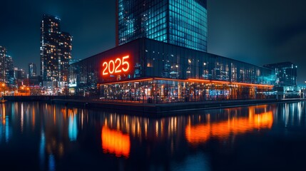 Obraz premium Modern glass building with glowing orange 