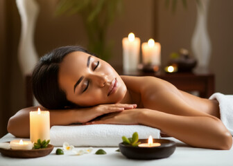 Naklejka premium Beautiful woman sleeping on spa bed, relax for health, peace or wellness in resort, beauty, stress relief or wellbeing with client eyes closed in clinic or salon for natural treatment, relaxing massag