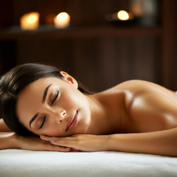 Beautiful woman sleeping on spa bed, relax for health, peace or wellness in resort, beauty, stress relief or wellbeing with client eyes closed in clinic or salon for natural treatment, relaxing massag