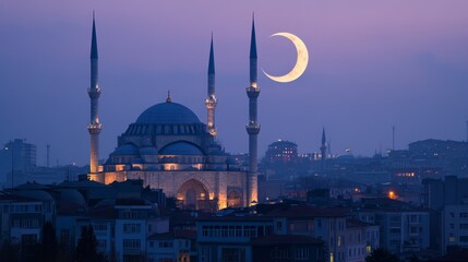 Naklejka premium Majestic Mosque Silhouette Under a Crescent Moon at Twilight