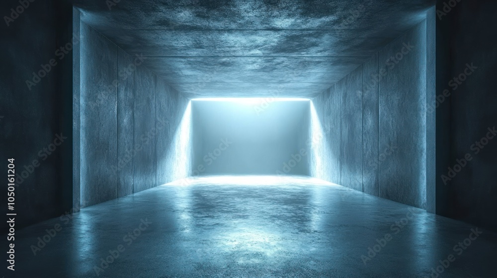 Poster a minimalist, illuminated corridor with a glowing light source at the end.