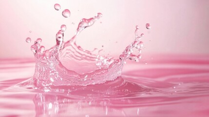Water droplets splashing into pink liquid in gentle motion