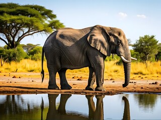 Elephant in the river, trees, background