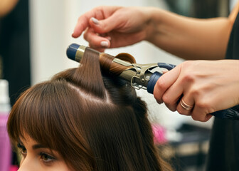 Naklejka premium Close-up Health and Beauty Fair, woman getting hair curled with a curling iron at a hair salon or spa, the skilled stylist is holding the curling iron