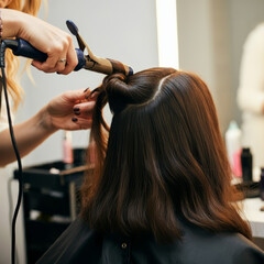 Naklejka premium Close-up Health and Beauty Fair, woman getting hair curled with a curling iron at a hair salon or spa, the skilled stylist is holding the curling iron