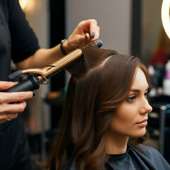 Fototapeta premium Close-up Health and Beauty Fair, woman getting hair curled with a curling iron at a hair salon or spa, the skilled stylist is holding the curling iron