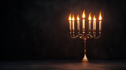 Fototapeta premium A beautifully lit menorah with burning candles on a dark background, symbolizing the Festival of Lights.