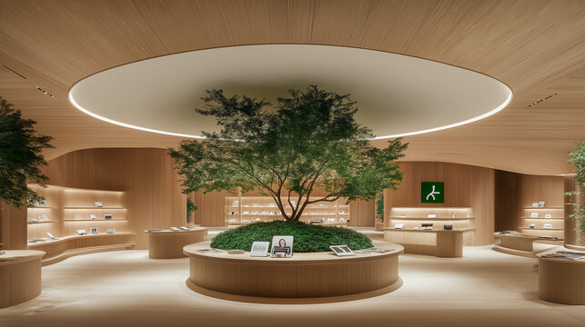 kith inspired store lounge with green accents and a nice round coffee table with magazine on top. akin to a aritzia.
