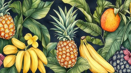 Detailed botanical watercolor showcasing exotic fruits on dark background