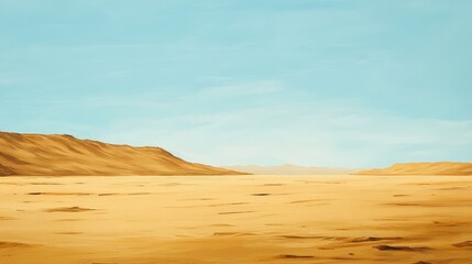 A wide-open desert scene with earthy hues of golden sand, deep ochre, and muted browns, stretching out under a pale blue sky