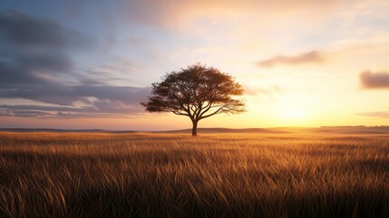 Fototapeta premium Serene sunset over a lone tree in a golden field