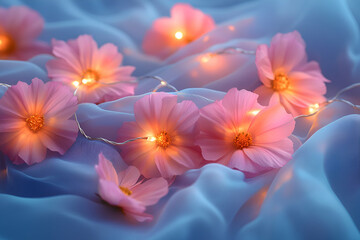 Soft pink flowers illuminated by lights, resting on silky fabric, creating a dreamy and romantic atmosphere.