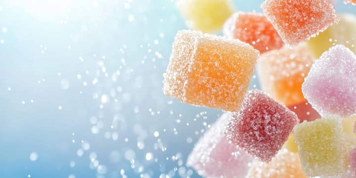 Colorful sugar cubes falling against a soft blue background, creating a sweet craving.