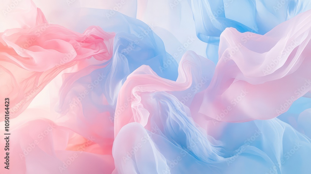 Poster an abstract background with flowing shapes in dual tones of pastel pink and sky blue, blending softl