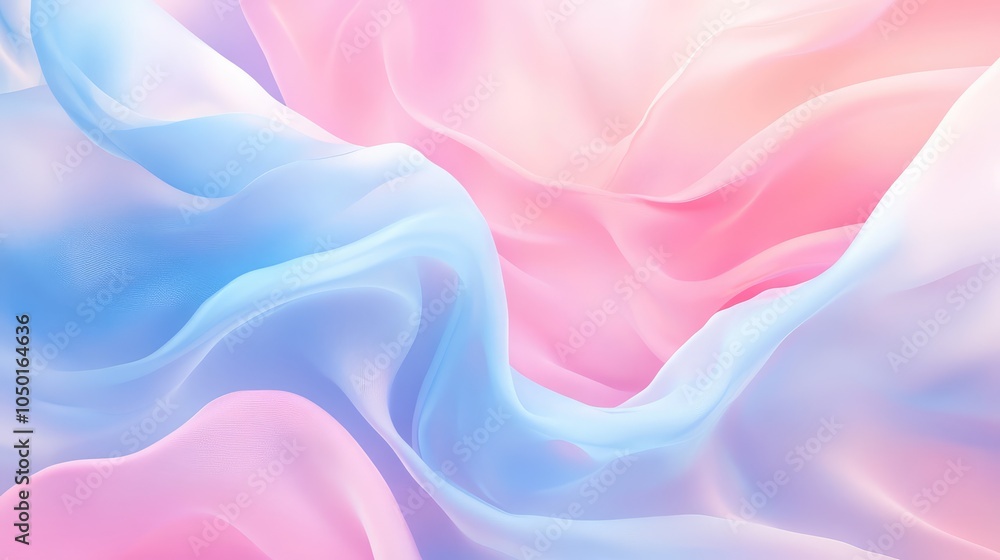Poster an abstract background with flowing shapes in dual tones of pastel pink and sky blue, blending softl