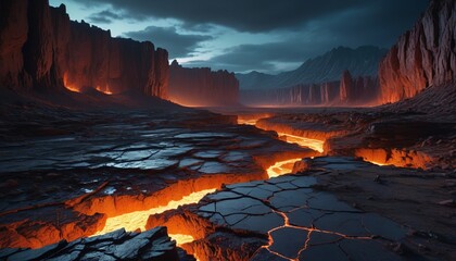 Fototapeta premium A chilling eerie desolate landscape where the ground cracks open to reveal glowing chasms, casting an otherworldly light on the nightmarish surroundings, Generative AI