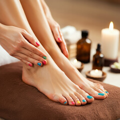 Fototapeta premium Women's feet, foot care, heel moisturizer, foot massage concept and foot care against cracking