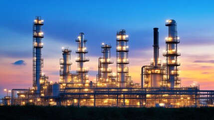 Obraz premium Tall distillation columns at a refinery reach skyward, representing the scale and sophistication of modern fuel processing technology.