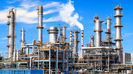 A refinery plant active with machinery, steam rising into the air, emphasizes the intensive energy used in fuel processing.