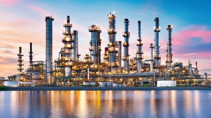 Obraz premium An oil refinery plant stands tall against a twilight sky, reflecting on water and showcasing the structured elegance of fuel processing infrastructure.