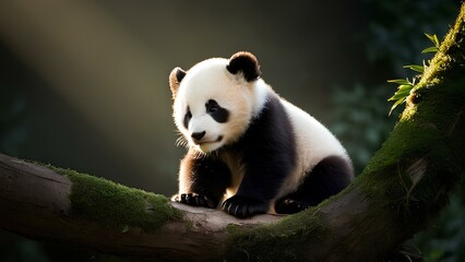 Obraz premium A playful panda cub sitting on a branch, showcasing the adorable innocence and charm of wildlife in its natural habitat.