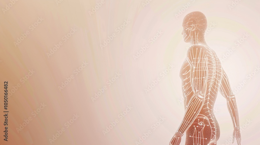 Aufkleber an abstract depiction of a human body with highlighted acupuncture points against a neutral backgrou