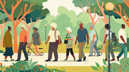 Diverse individuals building elder companionship programs to reduce loneliness and promote social connections. Illustrations