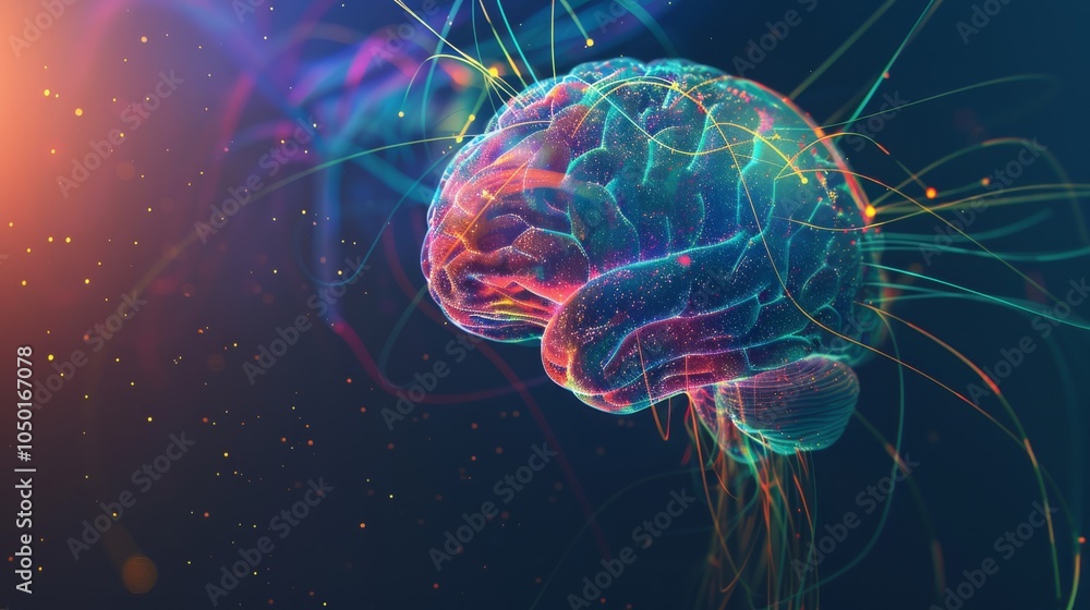 Aufkleber an abstract depiction of the human brain with colorful, flowing neural connections and highlighted r