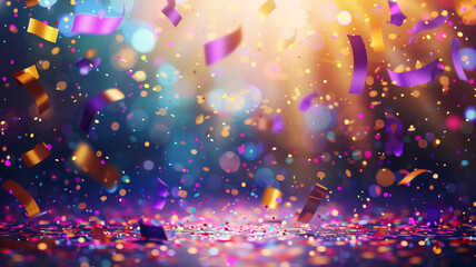 Golden and purple confetti scattered on a sparkling background creating a festive and celebratory atmosphere
