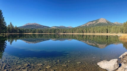 Fototapeta premium Serene Mountain Panorama with Reflection in Calm Water