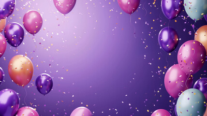 Purple and gold balloons floating against a lavender background with confetti for celebratory occasions and festive atmosphere