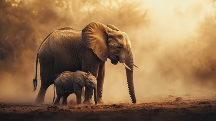 Fototapeta premium Powerful African Elephant Protecting Its Young