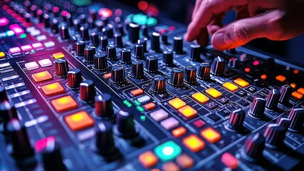 A hand adjusts the vibrant controls of a mixing console, blending sounds and rhythms to create captivating electronic music in a lively atmosphere