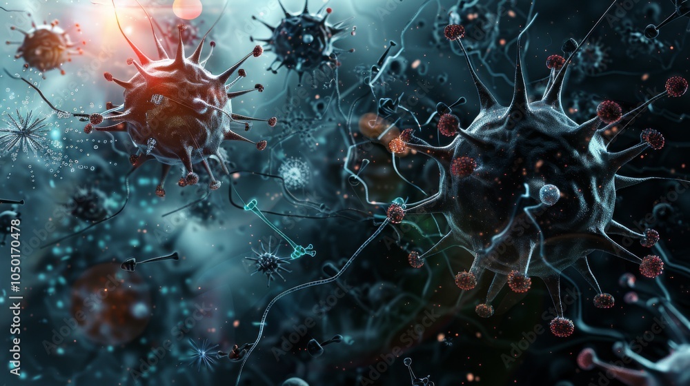 Aufkleber an abstract depiction of the human immune system with interconnected cells and defensive mechanisms,