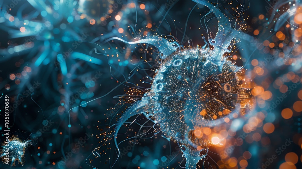 Aufkleber an abstract depiction of the human immune system with interconnected cells and defensive mechanisms,