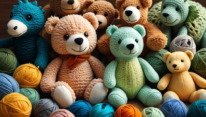 A cozy yarn-stuffed animal collection, including a plush teddy bear and a cheerful dinosaur, illustrating the warmth and joy of yarn crafting for kids, Generative AI