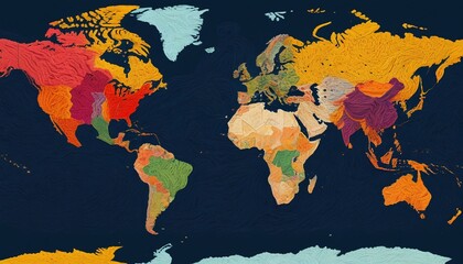 A detailed yarn map depicting geographical features and landmarks, demonstrating the artistic potential of yarn in creating unique representations of the world, Generative AI