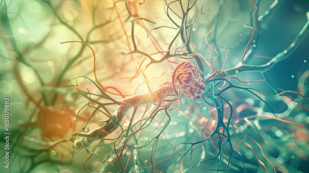 Poster An abstract depiction of the human lymphatic system with animated lymph nodes and vessels, set against a vibrant, gradient background