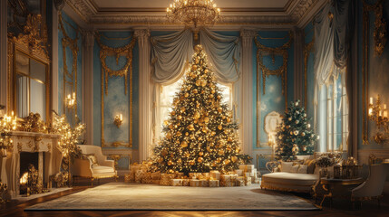 Fototapeta premium grand Christmas tree adorned with golden ornaments stands in opulent, elegantly decorated room, creating warm and festive atmosphere