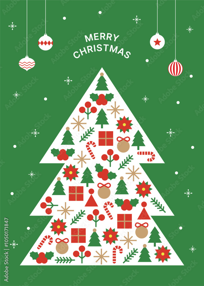 Aufkleber a tree frame illustration with a combination of icons on a snow and ornament background with a chris