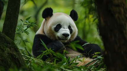 Fototapeta premium Giant Panda Enjoying Bamboo in Natural Habitat