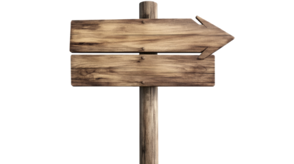 An old wooden signpost with a blank board, isolated on a white background, ready for directional messages