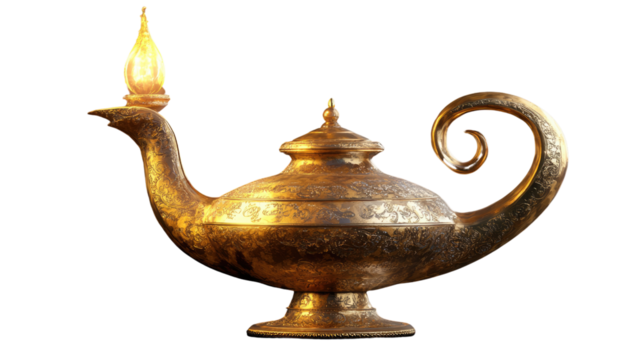 Antique oil lamp and teapot, showcasing vintage metalwork in gold and brass, evoking a magical Arabian atmosphere with traditional design elements