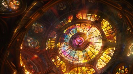 Fototapeta premium Stunning stained glass window featuring a vibrant magic rose surrounded by colorful patterns