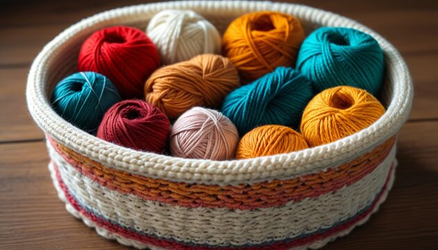 A cozy crocheted blanket basket filled with assorted yarn, inviting crafting sessions while providing a charming storage solution for supplies, Generative AI