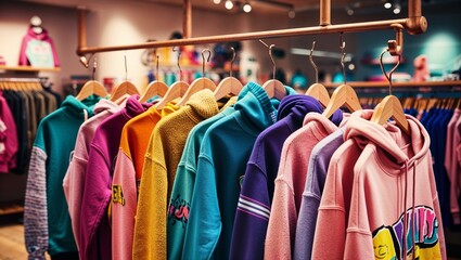 Colorful hoodies hanging on a rack in a modern retail clothing store