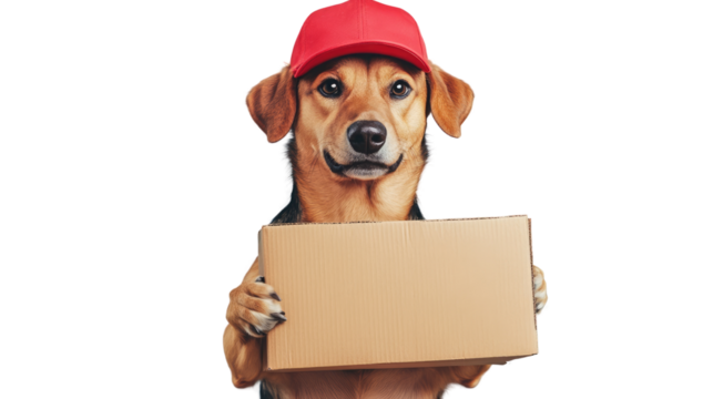 A cute dachshund in a Santa hat sitting with a Christmas gift against a white background