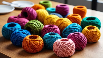 A set of vibrant yarn napkin rings, perfect for adding a colorful touch to table settings and enhancing the dining experience with handmade elegance, Generative AI