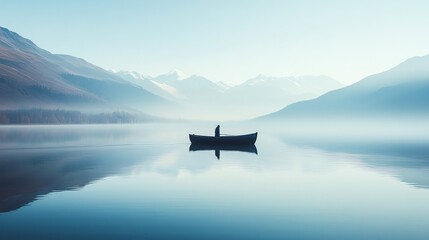 A man rows a boat on a calm lake.